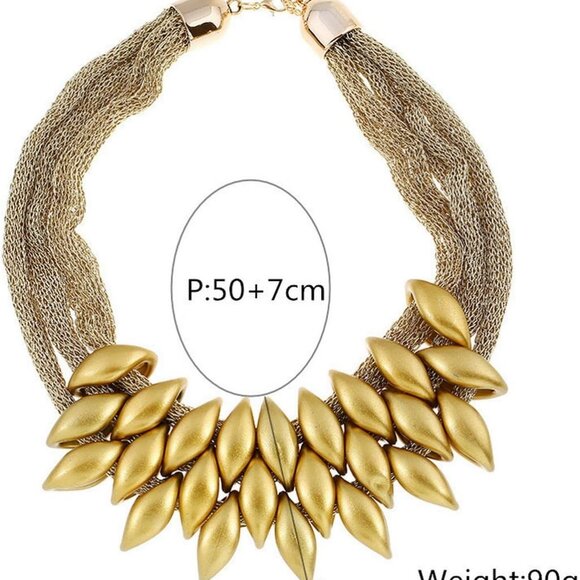 Gold African Bib Tassel Choker Necklace and Earrings Set, Tribal Ethnic Style, C - Picture 6 of 9